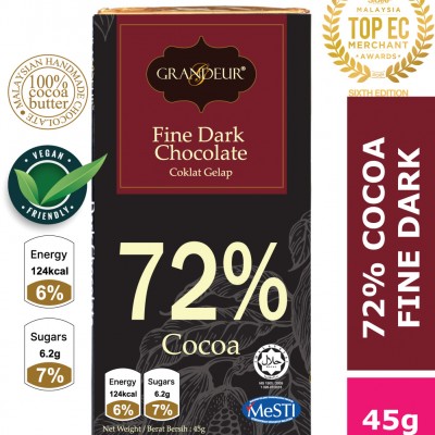 Coklat Grandeur 72% Fine Dark Chocolate Bar 45g Halal Berkualiti Antarabangsa Sedap Murah