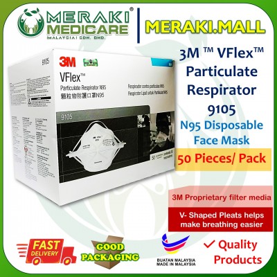 3M VFlex Particulate Respirator 9105 N95 - Disposable Face Mask - 50 Pieces Box 3M
