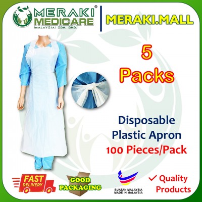 PPE DISPOSABLE Plastic Apron 5 Packs of 100 Pieces PAP-APR-WHT-HD2